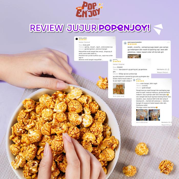 

terbaru !!! [puas] all varian popcorn - popenjoy / makanan manis asin crispy camilan popkron snack
