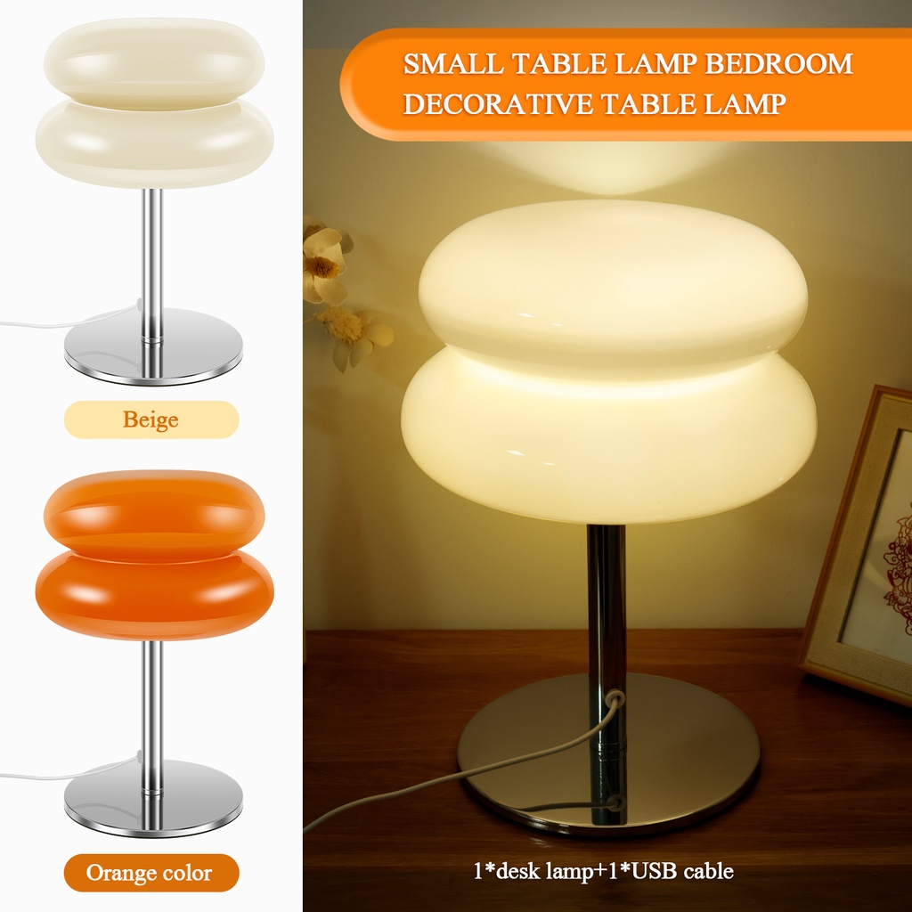 Glass Table Lamp Modern Egg Tart Lamp Retro Cute Desk Lamp with 3 Color Dimmable Modes Funky Bedside