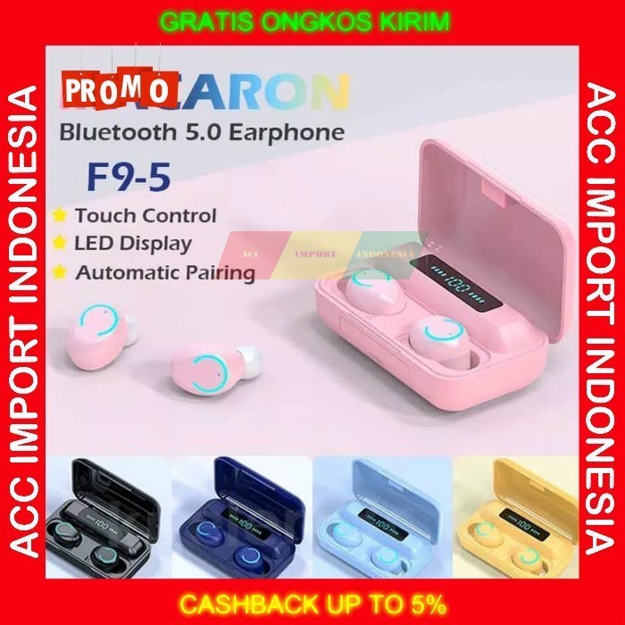 (GoodSeller) Headset Bluetooth Earphone TWS Macaron F9 Wireless Headset Pink Lucu