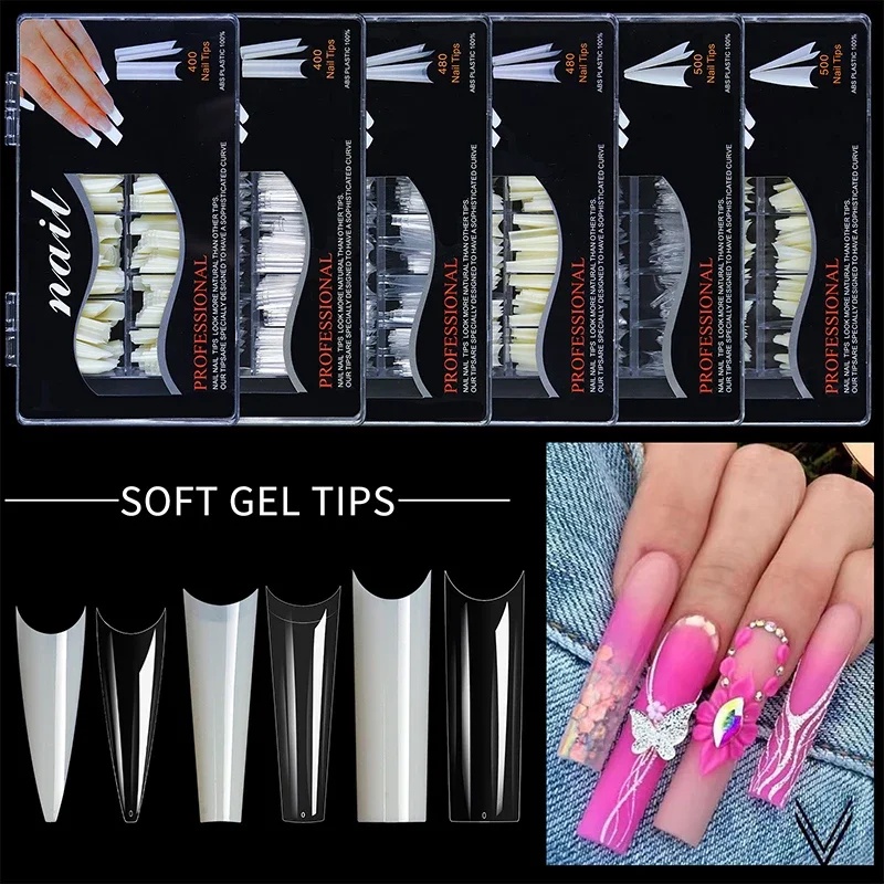 400/500Pcs Transparent Stiletto Coffin Square Fake Nail Tips Press On Nails Full Cover Long Shape