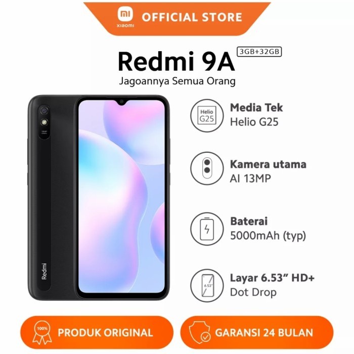 (Good) Xiaomi Redmi 9A Ram 3/32 GB Layar 6.53 Batre 5000 mAh Garansi Resmi