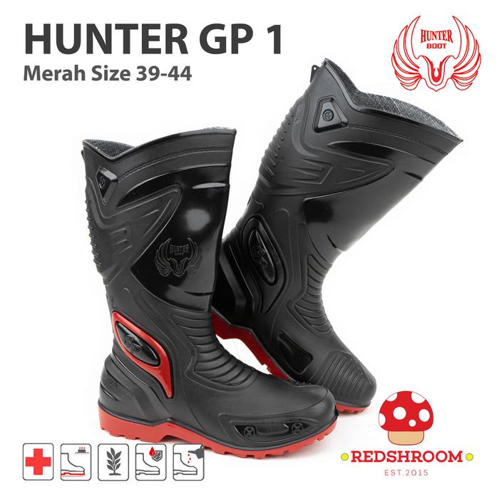 SEPATU BOOTS TINGGI HUNTER GP 1 BLACK/RED SHOES KARET PRIA HITAM KERJA