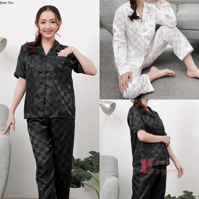 EMILY PIYAMA Baju Tidur Set Piyama Model Kemeja Bahan Satin Lengan Panjang Celana Panjang Premium