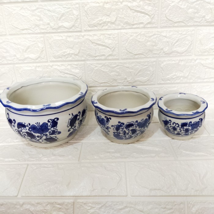 Pot Tanam Keramik Biru Putih Bulat