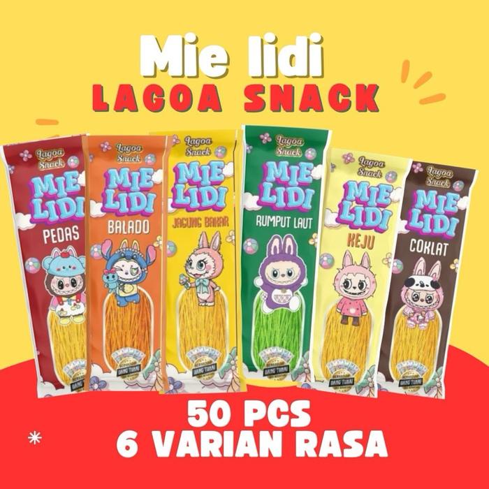 

ISI 50 bungkus mie lidi karakter labubu 6 rasa bisa custom snack makanan ringan food ide usaha jual