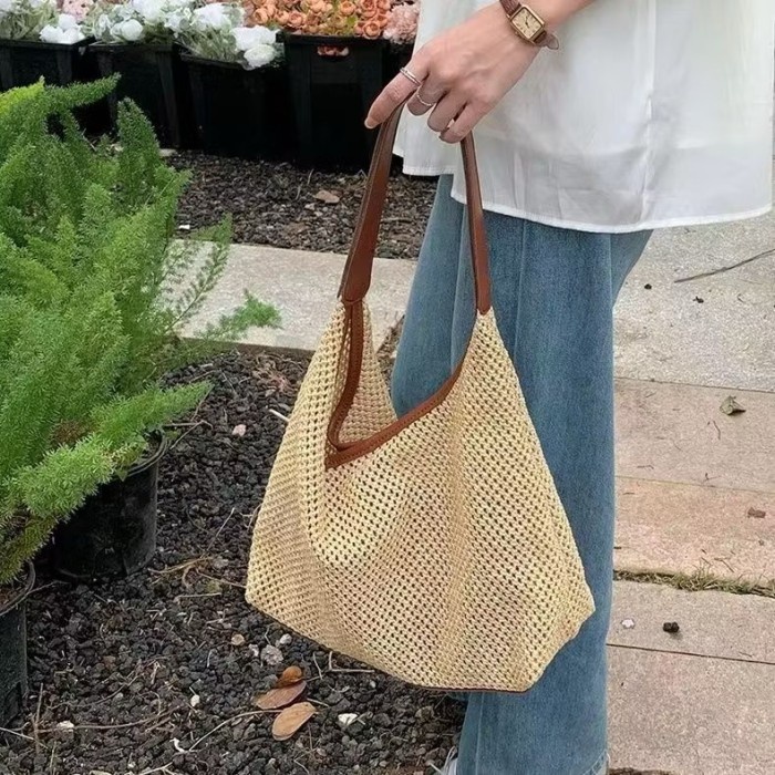 PREMIUM Tas Totebag Wanita Pantai Tas Rajut Motif Rotan Anyaman Jerami Anyam