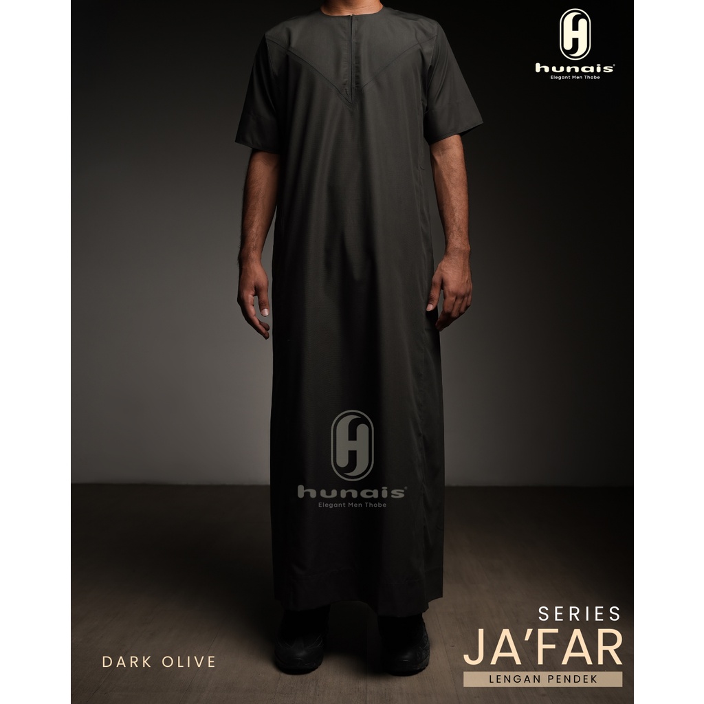 Hunais Jubah / Thobe Pria Ja'far Series Warna Dark Olive/Army Gamis Laki-laki Lengan Pendek