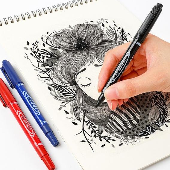 

Spidol Double Marker 2 Sisi [Dual Tip Premium] - Spidol Pulpen 2 In 1 Hitam/Merah/Biru, Tinta Awet