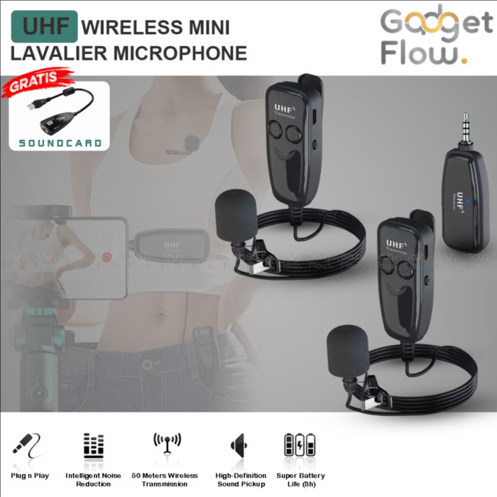 Microphone Mic Clip On Wireless Dual UHF 40 - 45 Meter Smartphone HP