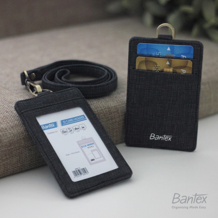 

pintar- Bantex Lanyard Leather Name Tag Kulit ID Card Holder Black