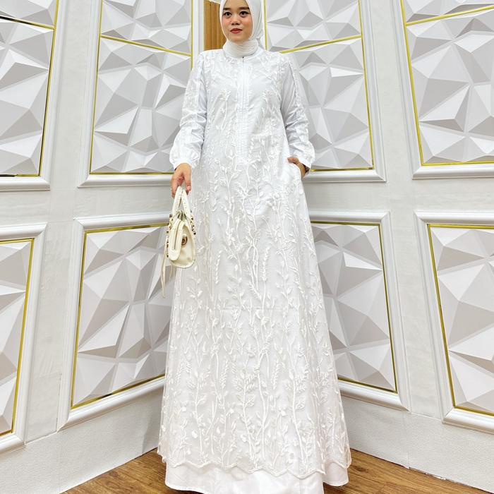 Abaya Maxy Putih / Abaya Kombinasi Borkat Polos Bunga Putih Polos Ceruty Gamis Muslim Mewah Motif