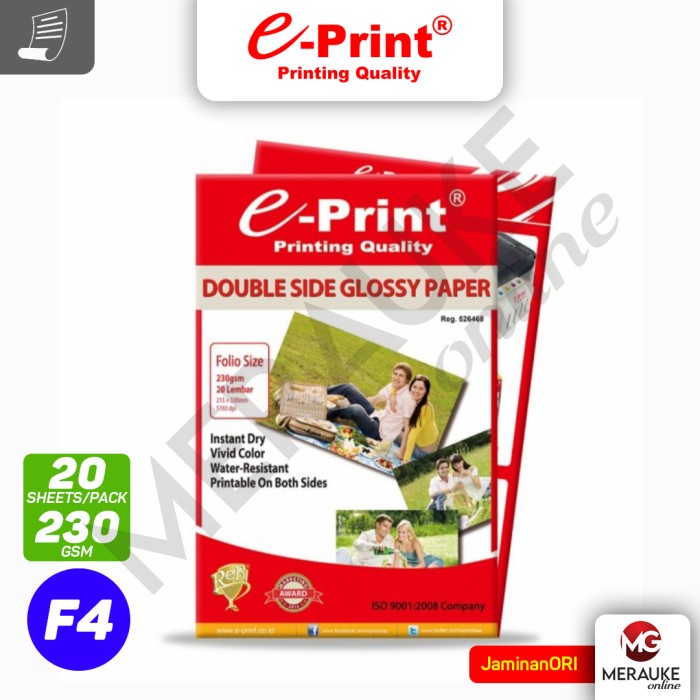 

pintar- Kertas Foto E-Print Glossy Double Side Folio (F4) 230gsm 20s