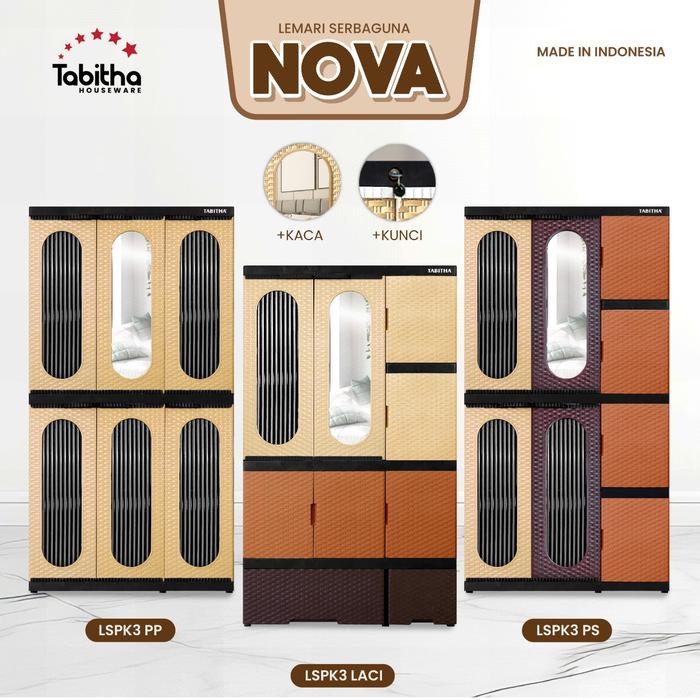 PREMIUM Tabitha Lemari Pakaian Plastik Gantungan Cermin Kunci Laci 3 Pintu Premium - LSPK3 Nova