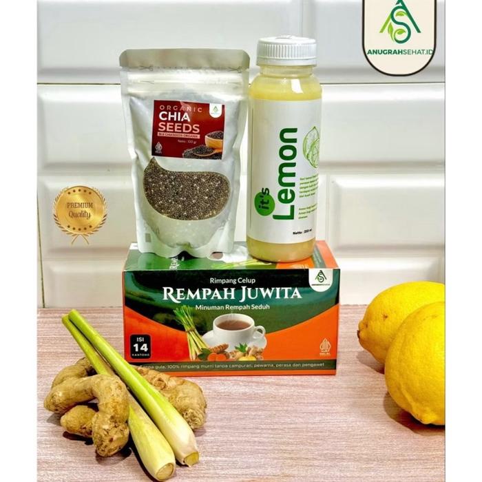 

Paket triple juwita terdiri dari rempah juwita sari lemon 250ml dan chiaseed Tea