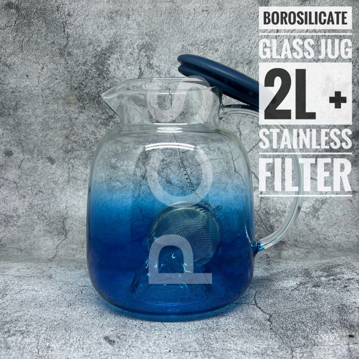Jug Teko Kaca Besar 2L Borosilicate Glass Hot Cool Stainless Filter
