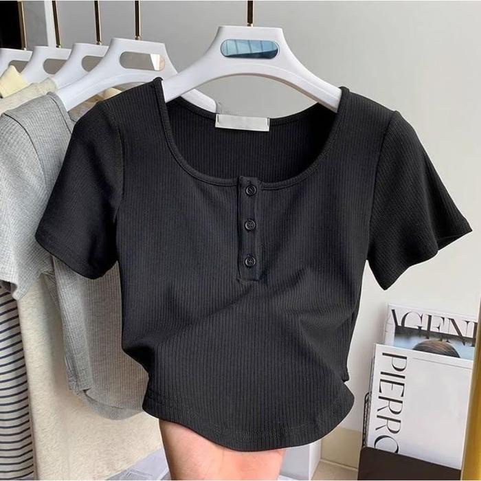 BLOUSE KOREA - WIGGLE CROP TOP KANCING LENGAN PENDEK - BAJU ATASAN WANITA KANCING RIB CROP