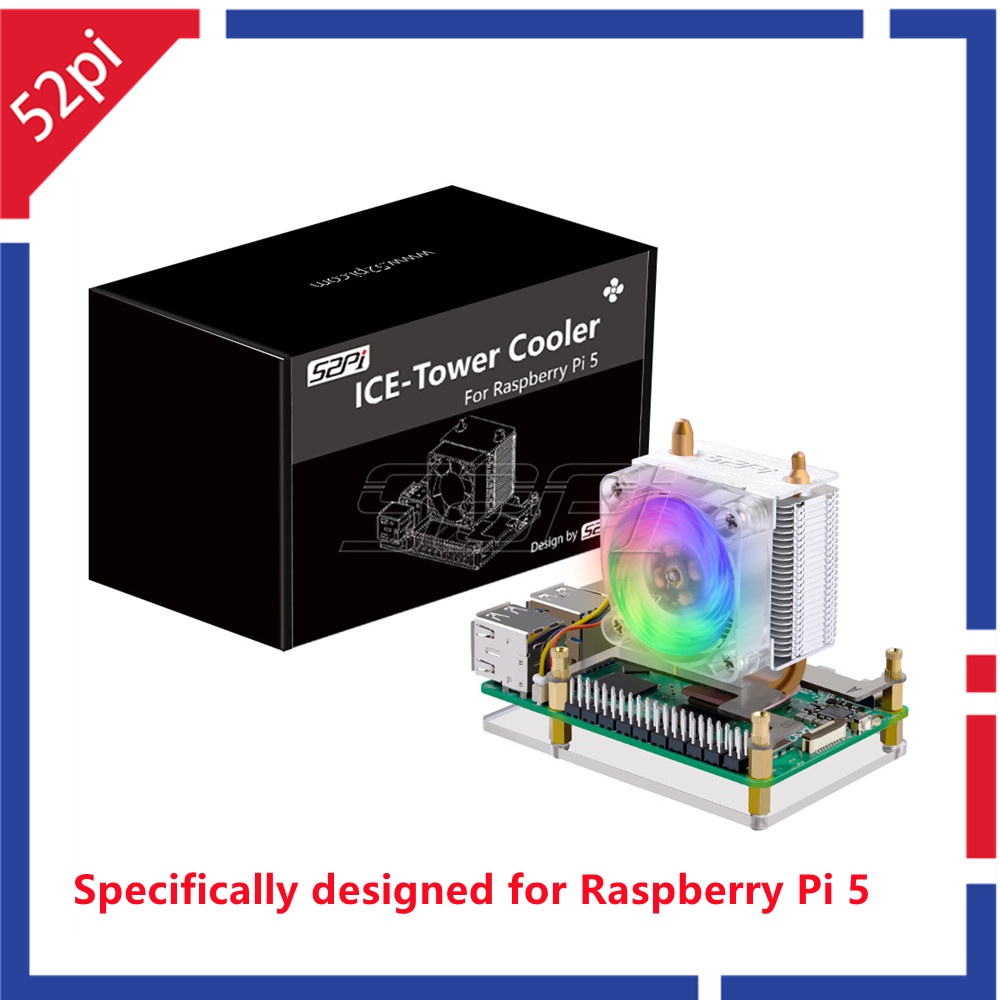NEW 52Pi  Raspberry Pi 5 ICE-Tower Cooler CPU RGB LED Light Cooling Fan Raspberry Pi 5 cooler