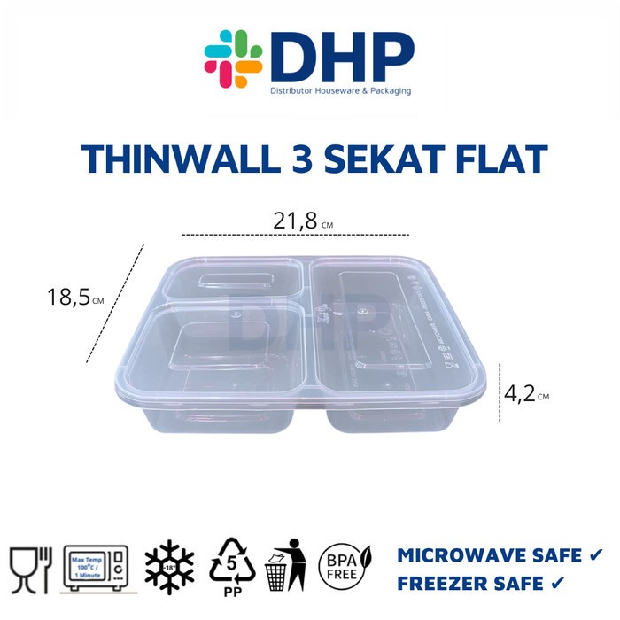 (Expert) Thinwall Bento 3 Sekat FLAT + Tutup Box Kotak Makan Nasi Plastik