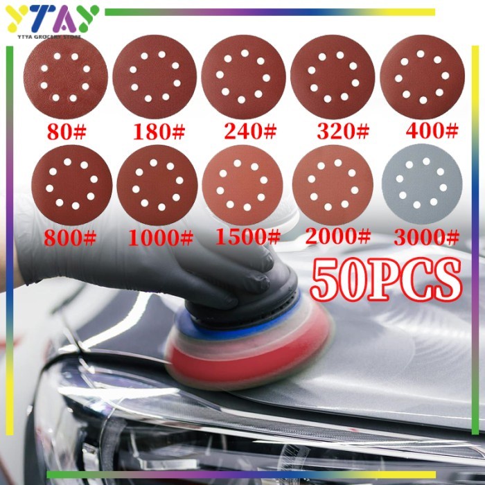 Amplas Bulat Velcro Disc 5 Inch 8 Lubang Paper Grit P80/180/240/320/400/800/1000/1500/2000/3000 5