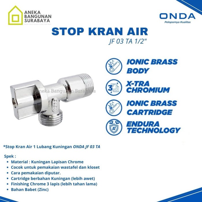 Stop Kran Onda JF 03 TA 1/2" keran T 1 lubang untuk sambungan T Toilet, Shower, Sink, dan Pemanas