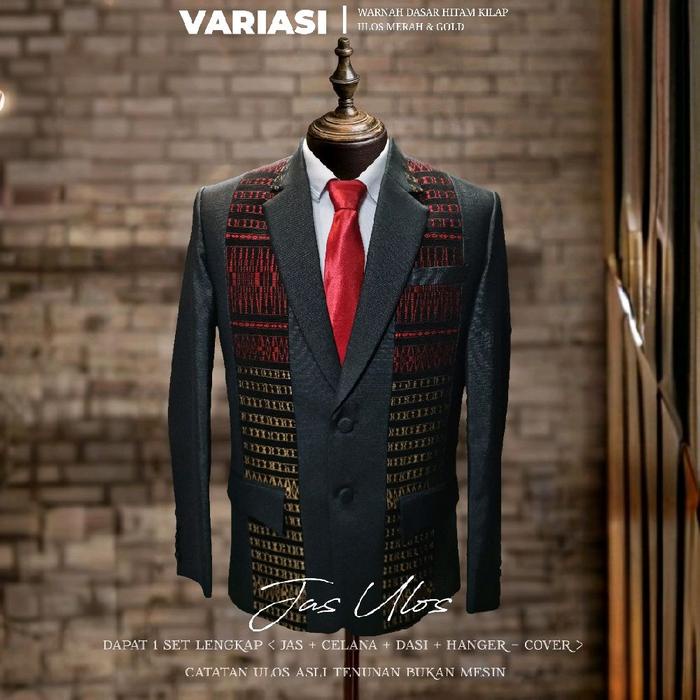 New Jas Ulos Batak Pria Setelan Lengkap Dasar Hitam Kilap Corak Merah & Tembaga Termurah