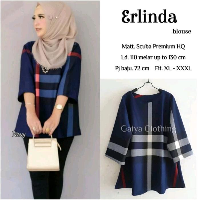 BLOUSE ATASAN WANITA OVERSIZE SCUBA MOTIF KOTAK -ERLINDA BAJU NYAMAN NAVY