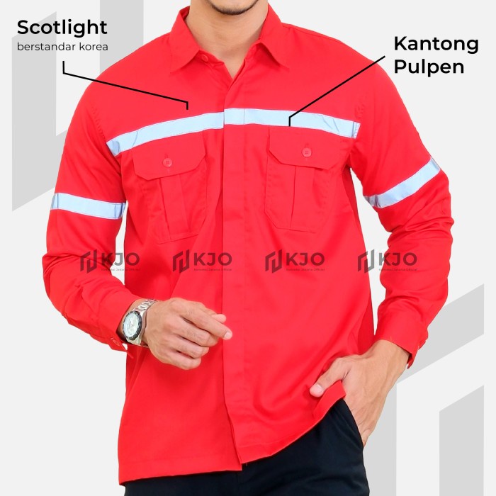 Baju Atasan Seragam Kemeja Proyek Safety K3 Lengan Panjang Merah