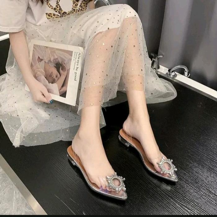 Sandal Hak kaca Wanita Transparant motif bunga Matahari sepatu pesta