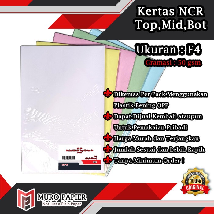 

New ( PER PAK - ISI 50 ) Kertas NCR Top Mid Bottom 55 gsm F4