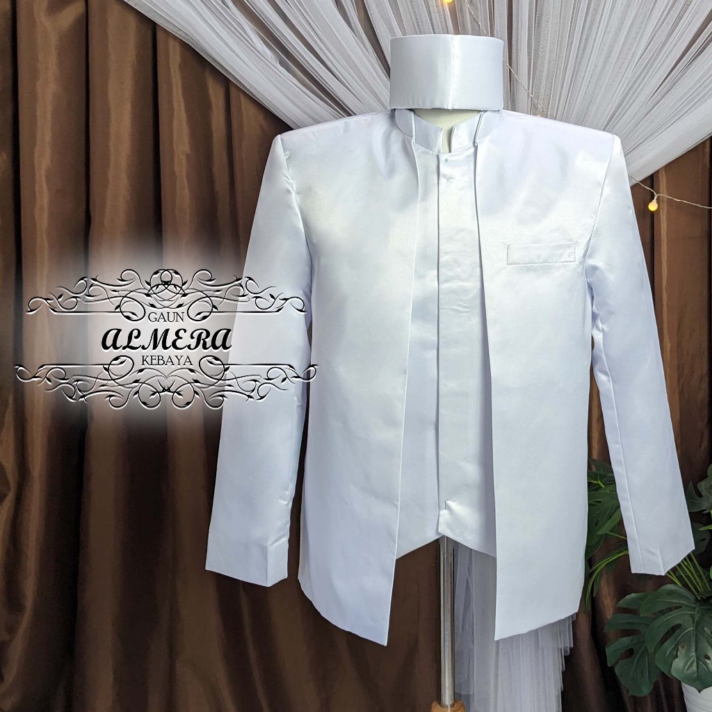 Beskap Pengantin Pria Putih Polosan satu Set Beskap Akad