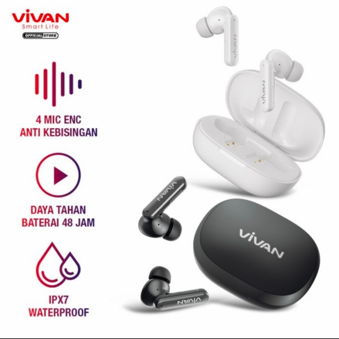 Vivan Earphone Headset TWS T600NC Bluetooth 5.2 Waterproof IPX7 45H