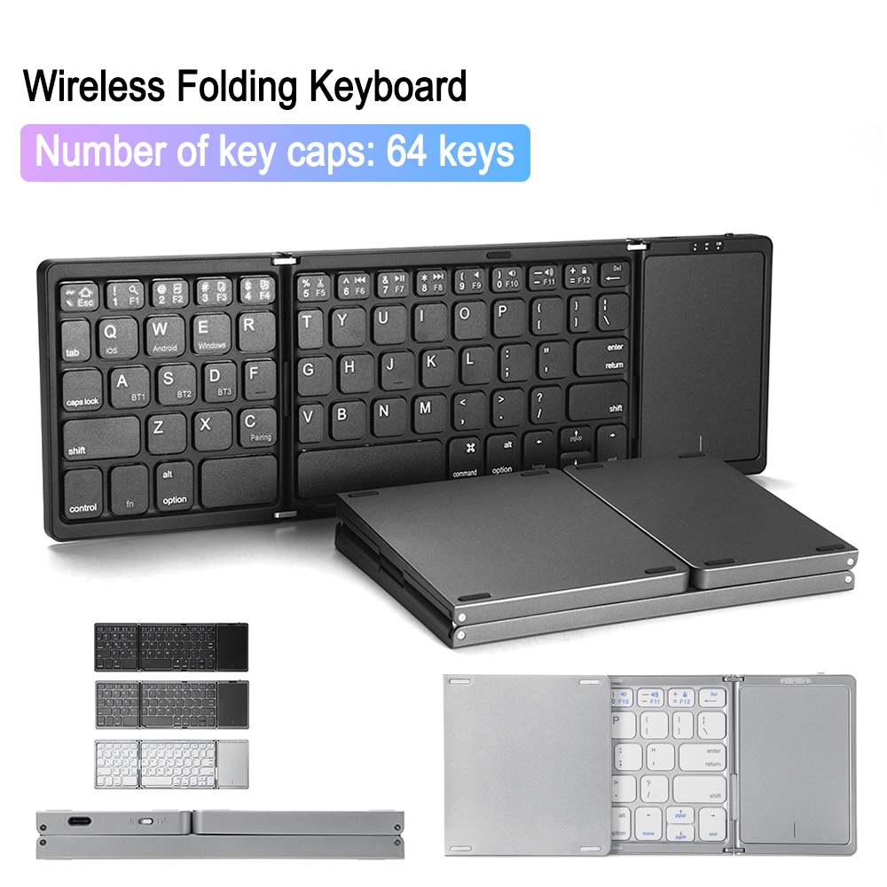 Wireless Folding Keyboard Bluetooth-Compatible Keyboard 64 Keys Touchpad Keypad Type-C for Laptop Wi