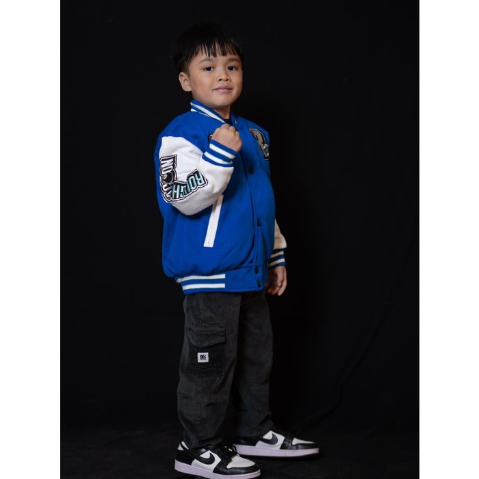 Stycil- jaket varsity / baseball anak biru full Bordir billiard Motif Fashion