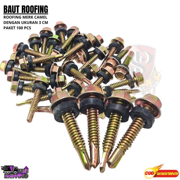 Sudimampir Paket 100Pcs Baut Roofing 3Cm /Baut Atap 3Cm /Baut Roofing Kuning 3Cm /Baut Roofing 3