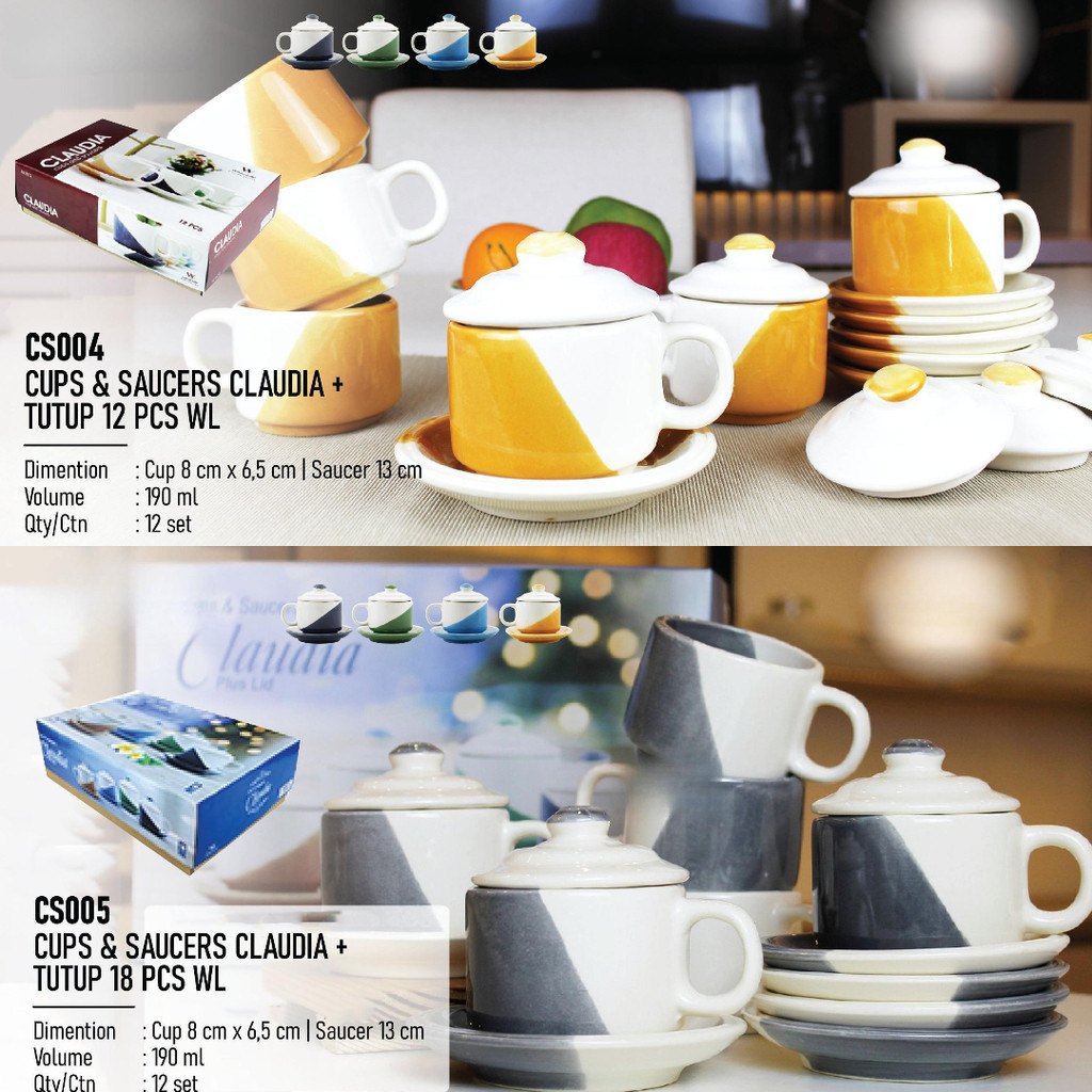 Terlaris Whiteline - Cup & Saucer + Tutup Claudia Series Set Cangkir Teh / Kopi Keramik Terbaru