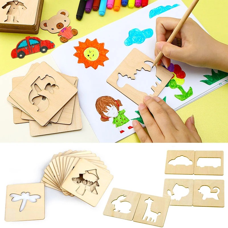 

20Pcs Montessori Kids Drawing Toys Wooden Diy Painting Stencils Template Craft Toys Puzzle