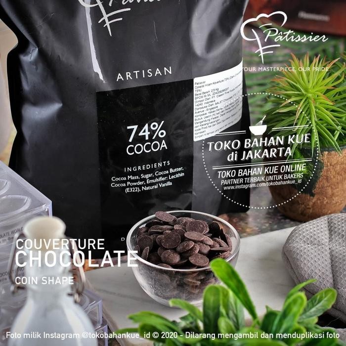 

Patissier Chocolate 74% DARK Couverture 250gr Cokelat Coin Coklat