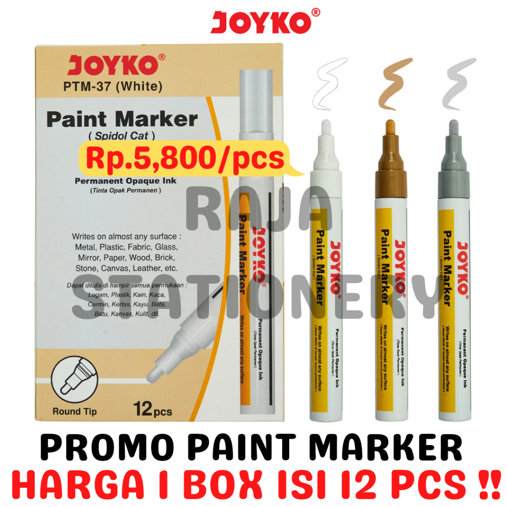 

JOYKO PERMANENT PAINT MARKER WHITE GOLD SILVER BLACK SPIDOL KACA CAT PUTIH EMAS ABU HITAM [12PCS]