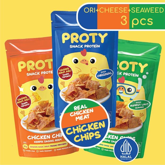 

EatFr3sh- Camilan Sehat PROTY Chicken Chips Ori(1 pcs)+Keju(1 pcs)+RumputLaut (1 pcs) Snack Cemilan