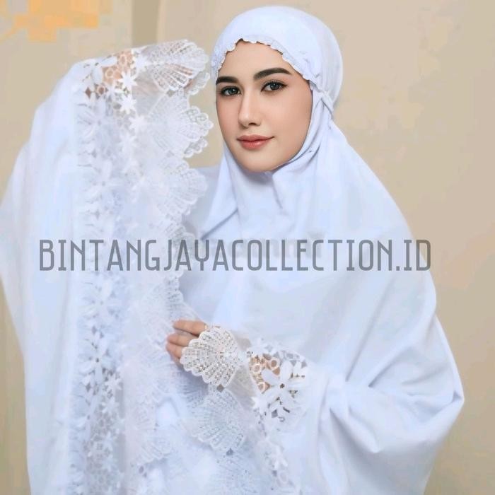 Thameer- mukena prada katun putih renda import
