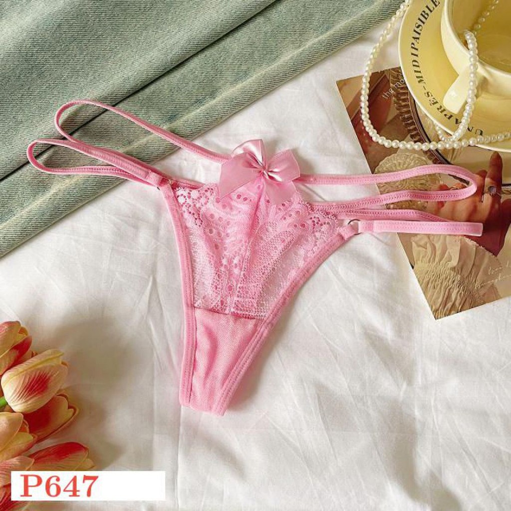P647 Celana Dalam Wanita Sexy Panties Thong Pink Transparan Pita Depan Tali 2