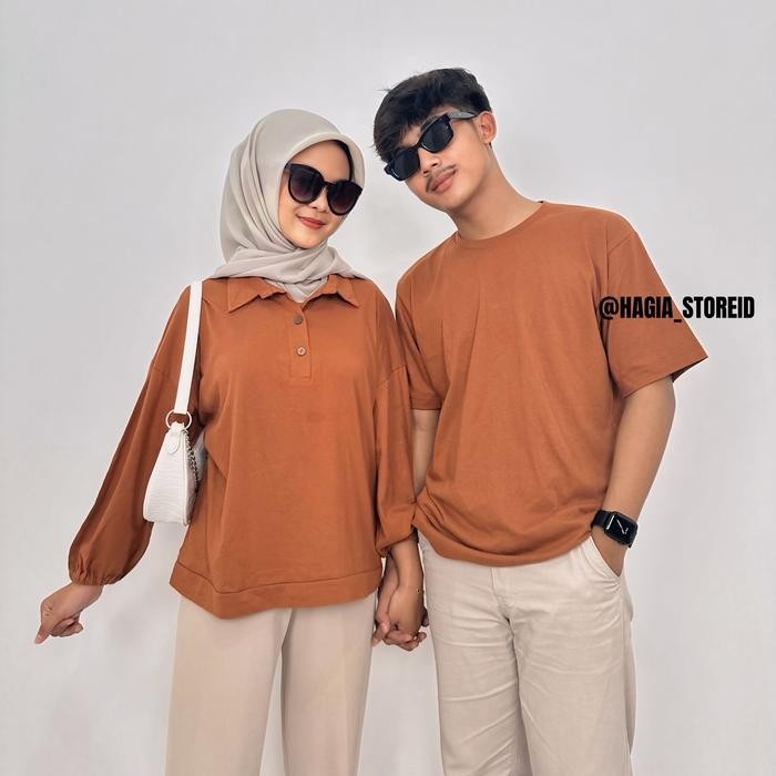 Mallone Couple Sudah Sepasang Blouse Crop Kerah Dan Kaos Pria Combed Kancing Oblong Pasangan Baju