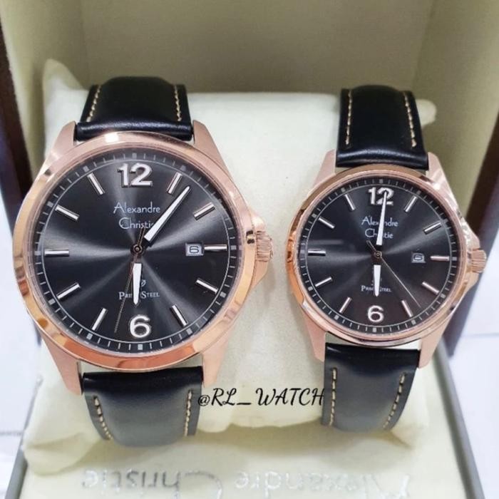Jam Couple Alexandre Christie Ac1029 Leather Couple Analog Asli 100%