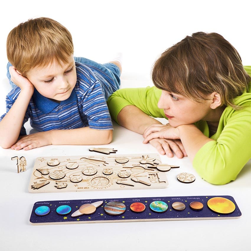 Purvisco - Wooden Solar System Puzzle Kayu Planet Knob Puzzle Tata Surya Untuk Anak-anak Mainan