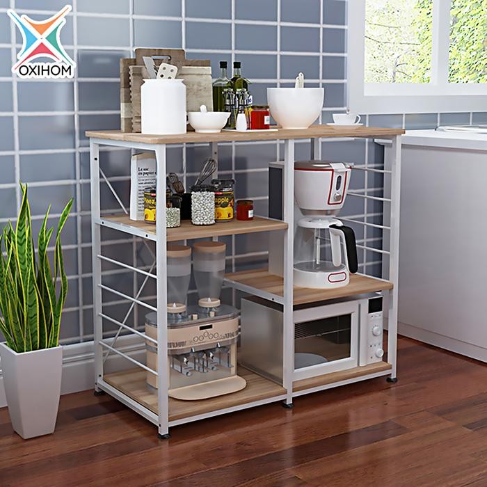 Oxihom Rak Dapur Susun Kayu Besi Rak Microwave Rak Serbaguna