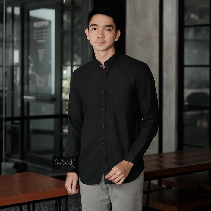 Kemeja Polos Kerah Shanghai Baju Koko Pria Busana Muslim Modern Hitam