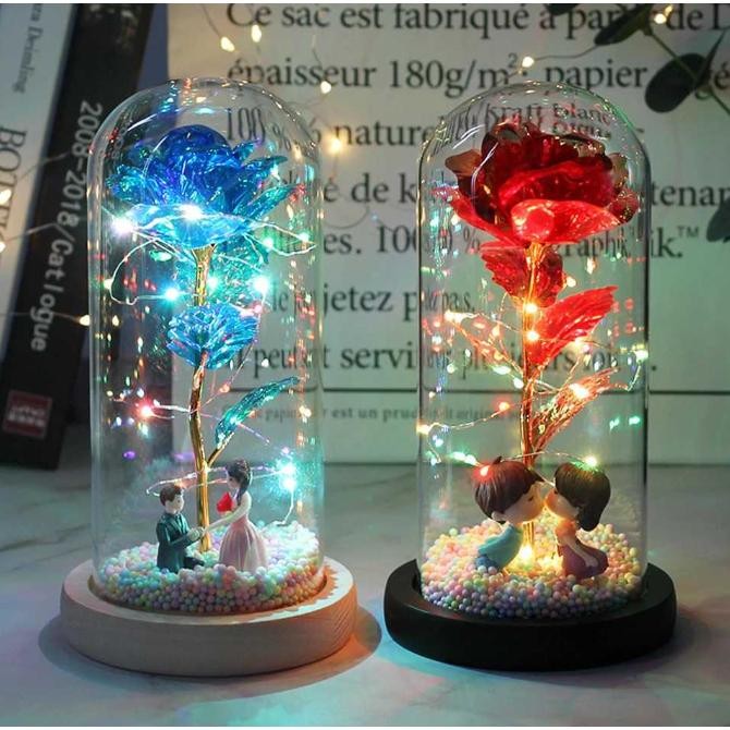 BUNGA MAWAR COUPLE PRINCESS ROMANTIC LAMPU LED ROSE IN GLASS DOME FLOWER DEKORASI RUMAH HIASAN KAMAR