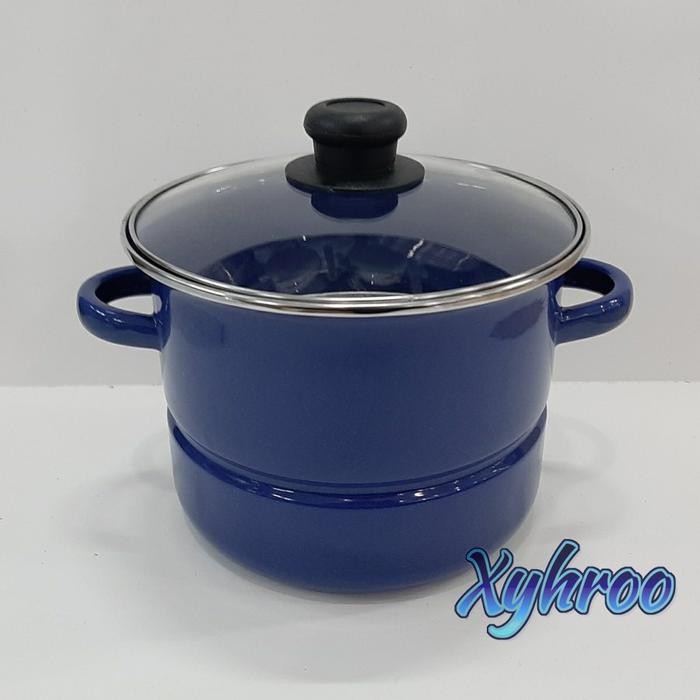 Kenanganpawon Dandang Kukusan Enamel 20Cm Tutup Bahan Kaca Biru Tua
