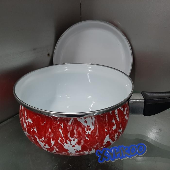 Kenanganpawon Panci 1 Tangan Enamel 16Cm Merah Blirik Marble