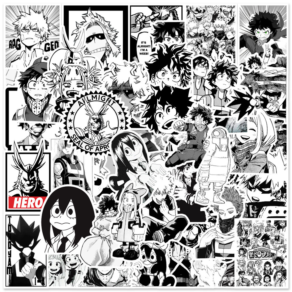 50Pcs Anime Black And White My Hero Academia Graffiti Waterproof Sticker Creative Decoration Guitar